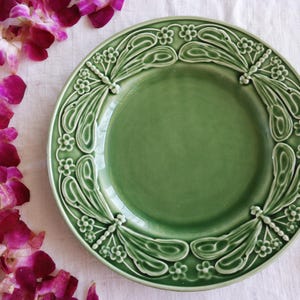 World Market DINNER PLATE - Dragonfly Design - Green Majolica - Potruguese Pottery - Farmhouse Dining - Country Kitchen Decor - Portugal
