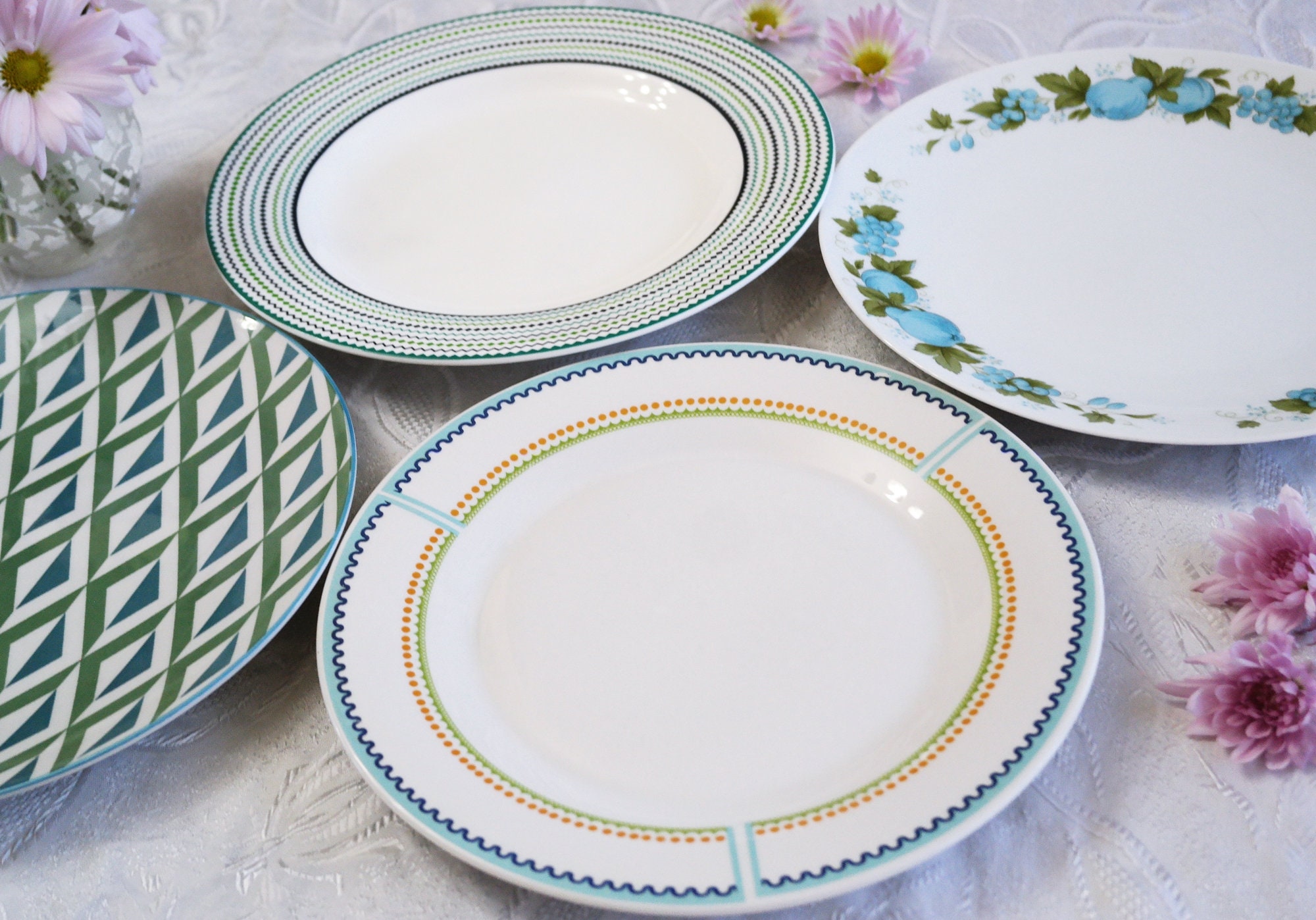 MISMATCHED DINNER PLATES Teal Blue Green White Colors Set Etsy