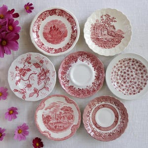 Pink Red White SAUCERS - Size 5.5&quot; to 6.5&quot; - Vintage Tea Party - Scenic Floral Transferware Mix - Country Cottage Decor - Priced Per Saucer!