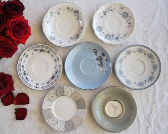 Blue Gray White SAUCERS - Floral Patterns - Mismatched China - Vintage Tea Party - Sea Beach Country Cottage Decor Mix - Priced Per Saucer!