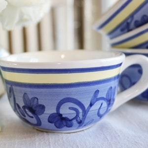 Caleca Arabesco CUP - Blue Flowers Scrolls Yellow Band - Authentic Hand Painted Italian Pottery - Tea Coffee Breakfast Cup Mug 8 Oz - Italy