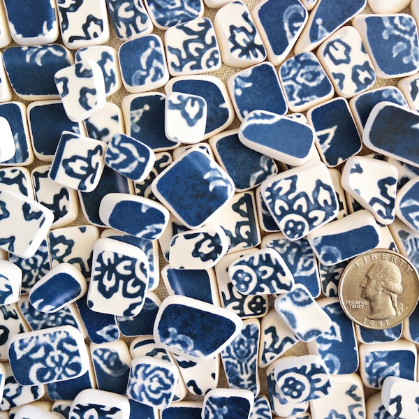 Blue White Tiles SEA POTTERY - 25 Pieces - Size 1/4" to 3/4" - Faux Sea Pottery - Mini Tiles - Broken China - Recycled Ceramic - Arts Crafts