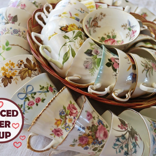 BONE CHINA TEACUPS - Mismatched Patterns - English Cottage Tea Party - Pink Red Blue Yellow - Wedding Bridal Shower Favors - Priced Per Cup!