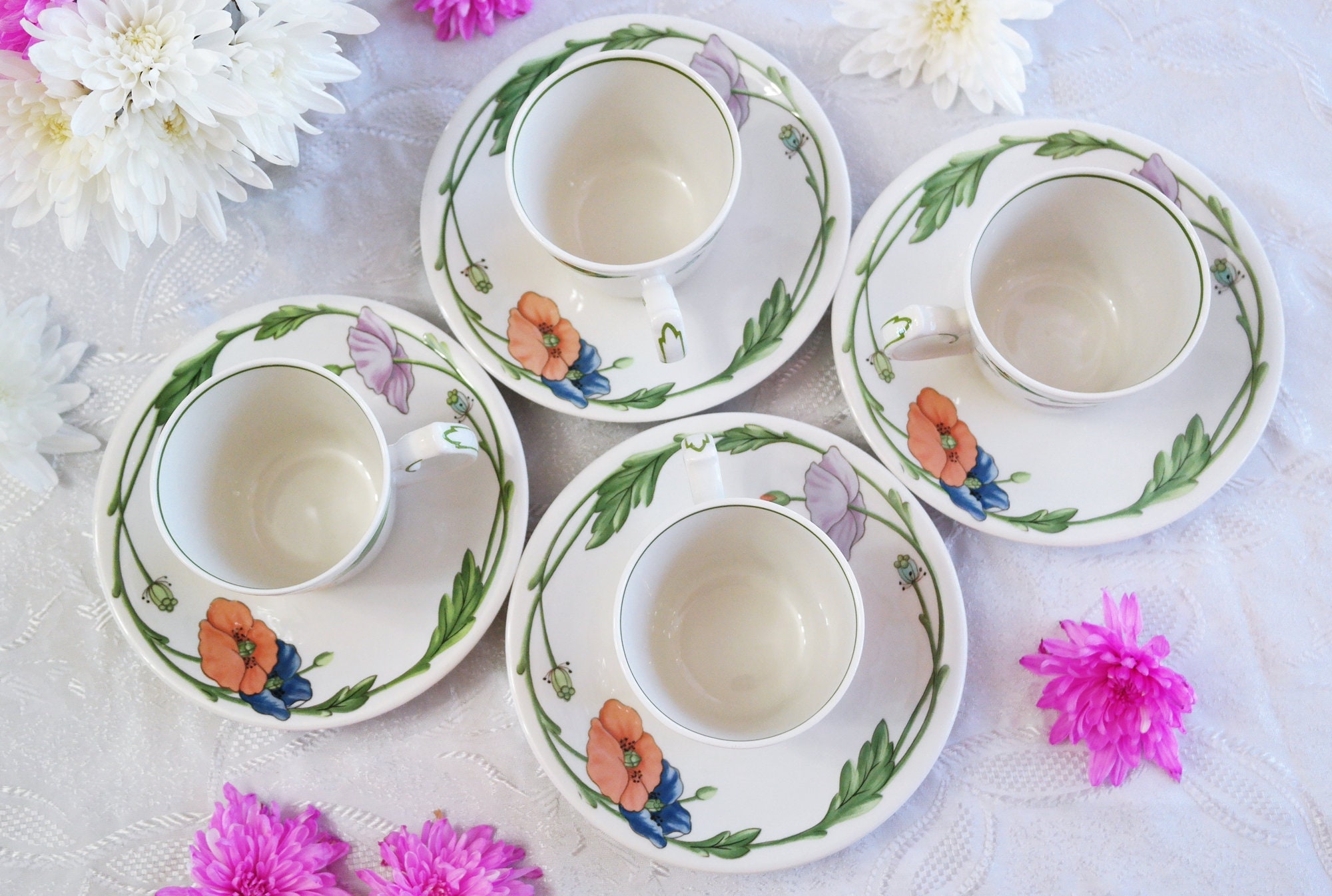 Set of 6 Vintage Floral Tea Cups and Saucers for Tea Party Supplies, Blue, Pink, 8oz, Size: 8 fl oz