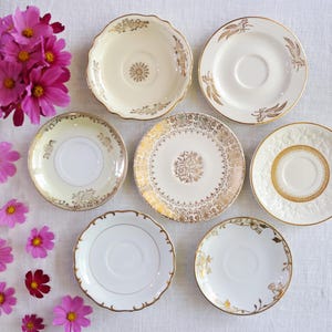 Gold White Ivory MISMATCHED SAUCERS - Priced Per Saucer - Mix & Match China - Vintage Tea Party - Wedding Bridal Shower - Wonderland Favors