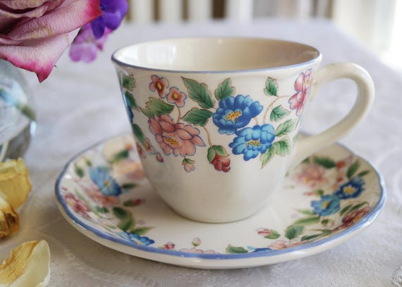 Laura Ashley CUP & SAUCER - Hazelbury Pattern - Blue Pink Flowers
