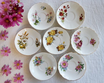 Bone China ORPHAN SAUCERS - Pink Red Yellow - Mismatched Floral Patterns - English Tea Party - Country Cottage Decor Mix - Priced Per Saucer