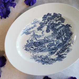 Wedgwood OVAL PLATTER 14&quot; - Countryside Transferware Pattern - Blue White China - English Country Scene - Serving Plate Tray - England 1960s