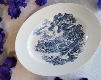 Wedgwood OVAL PLATTER 14" - Countryside Transferware Pattern - Blue White China - English Country Scene - Serving Plate Tray - England 1960s