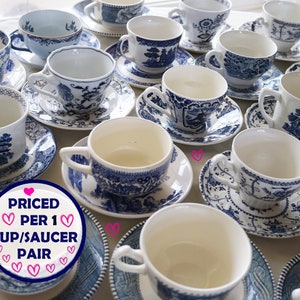 Blue White CUPS & SAUCERS - Mix Match China - Mismatched Vintage Tea Party - Wedding Bridal Shower Sets - Priced Per 1 Cup/1 Saucer Pair!!!