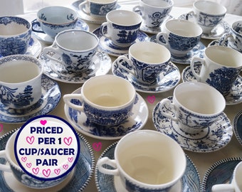 Blue White CUPS & SAUCERS - Mix Match China - Mismatched Vintage Tea Party - Wedding Bridal Shower Sets - Priced Per 1 Cup/1 Saucer Pair!!!
