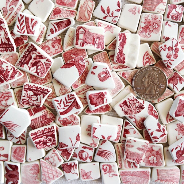 Pink Red White SEA POTTERY - 12 PIECES - Size 1/4" to 3/4" - Faux Sea Pottery - Tumbled Broken Dishes - Vintage Transferware Tiles - Jewelry
