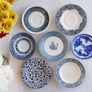 Blue White SAUCERS - Size 5&quot; to 6.25&quot; - Mismatched China - Farmhouse Dining - Country Cottage Decor - Asian Floral Mix - Priced Per Saucer!