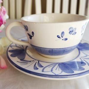 Taza grande Pizzato Italy con platillo, 14 oz, azul y blanco, para capuchino, té y café, cerámica italiana pintada a mano, juego de desayuno, cocina rústica.