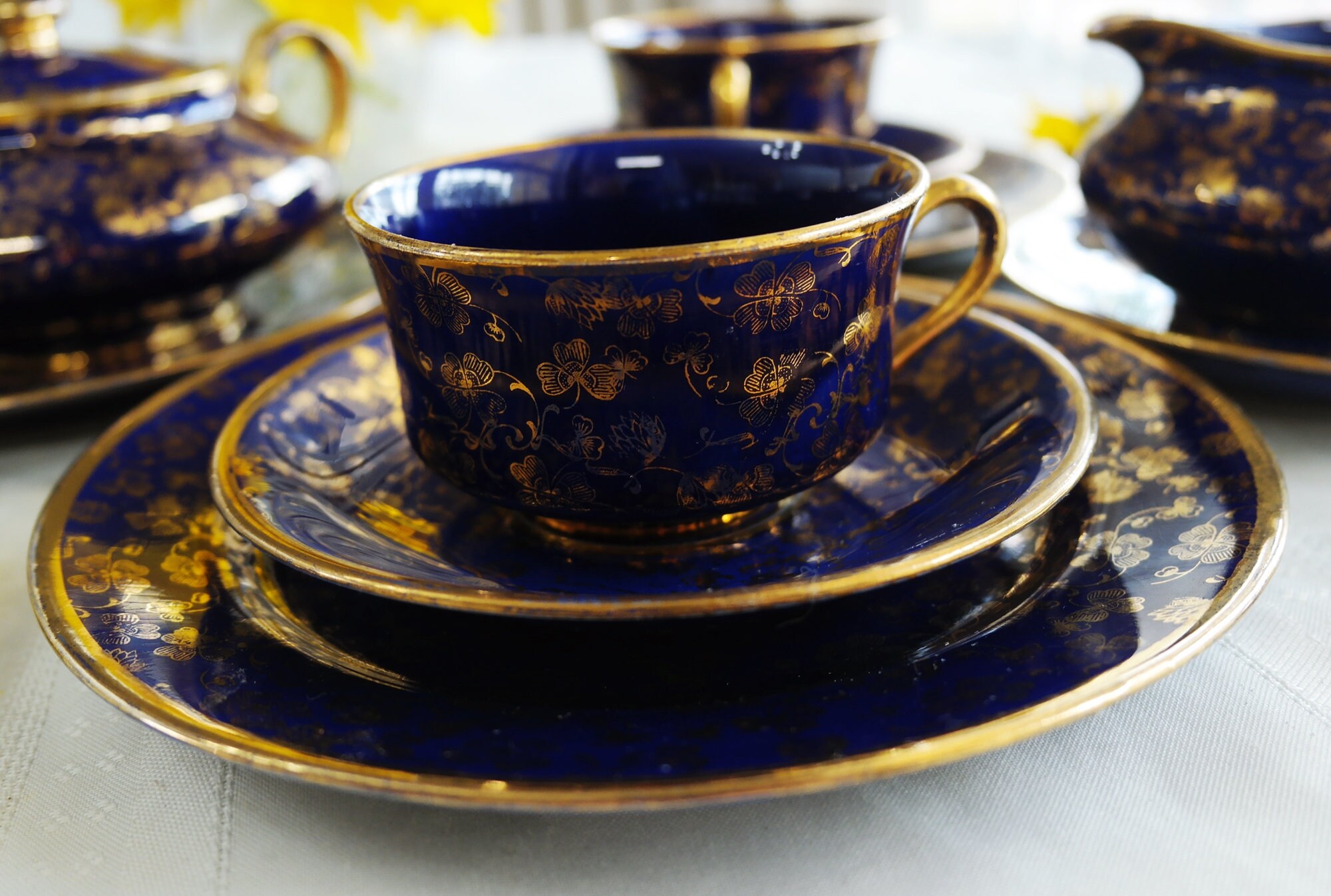 Mazarine Blue Gold TEA SET - 1 Sugar Bowl, 1 Creamer, 2 Cups, 3