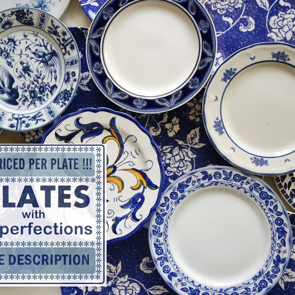 Blue White SALAD PLATES w/Imperfections - Damaged Plates - Mismatched China - Farmhouse Cottage Shabby Chic Decor Mix - Priced Per Plate!!!