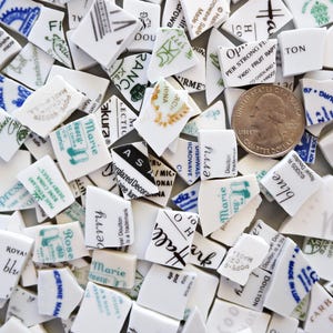 Puede incluir: Una colección de piezas de cerámica blanca rota con varios textos y diseños, incluyendo patrones florales y nombres de marcas. Se incluye una moneda para referencia de tamaño. Los fragmentos tienen acentos azules, verdes y negros.