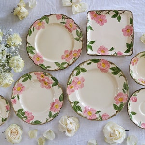 DESERT ROSE by Franciscan Ware - Dinner Salad Plates Bowl Saucers - Vintage Earthenware Pottery - Pink Green Ivory - Made in California USA