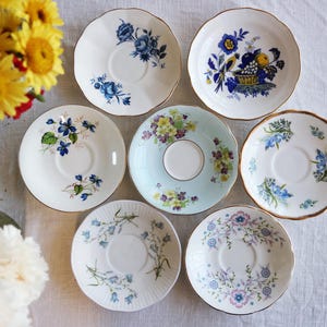 Bone China BLUE WHITE SAUCERS - Vintage China - Country Cottage - English Tea Party - Flowers Roses - Floral Pattern Mix - Priced Per Saucer