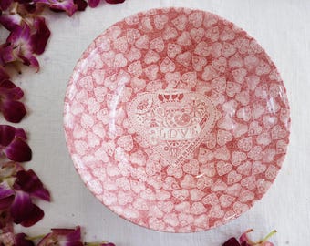 Cuenco Queens para servir de 23 cm - Hecho con cariño - Para ensalada, arroz, pasta y verduras - Rosa y blanco - Corazones rojos - Estilo rústico - Inglaterra