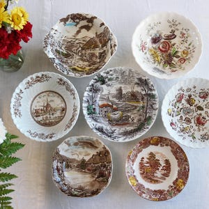Brown White SERVING BOWLS - Size 7&quot; to 9&quot; - Vintage Transferware - Soup Salad Rice Vegetable Bowls - Mismatched China Mix - Priced Per Bowl!