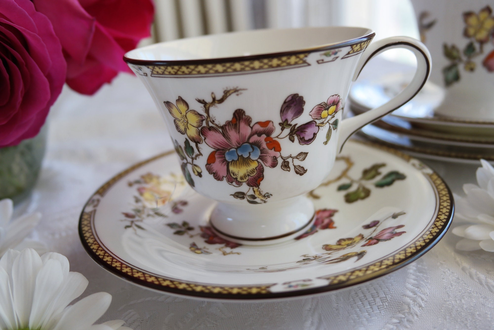 Wedgwood Demitasse Cup & Saucer Set of Five Hand Painted Enamel Flower  Trellis Birds 1870-1900