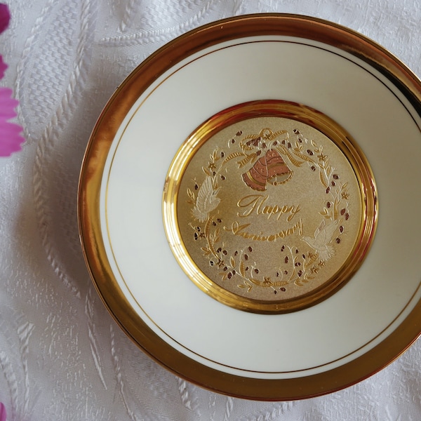 Art of Chokin DECORATIVE PLATE 6" - Happy Anniversary - Gold White Pattern - Doves Bells Flowers - Vintage Wall Plate - Wedding Gift - Japan