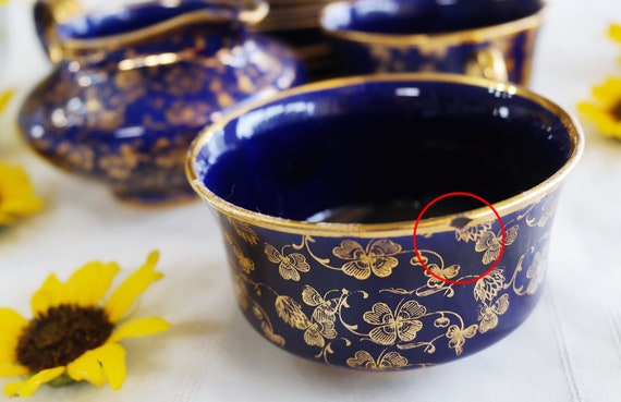 Mazarine Blue Gold TEA SET - 1 Sugar Bowl, 1 Creamer, 2 Cups, 3