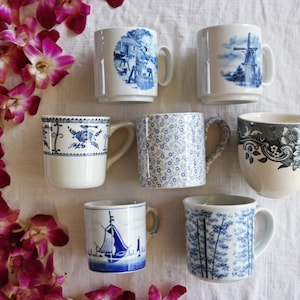 BLUE WHITE MUGS - Size 7 to 10 Oz - Ceramic Mugs - Tea Coffee Hot Chocolate Cocoa - Farmhouse Breakfast - Country Kitchen - Priced Per Mug!