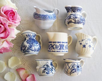 Blue White CREAMERS - Mismatched China - English Tea Party - Country Cottage Kitchen - Farmhouse Decor - Asian Floral Mix - Priced Per Piece