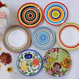 MISMATCHED SALAD PLATES - Size 7.5&quot; to 9&quot; - Green Blue Yellow Red - Fiesta Swirl Patterns - Ceramic Pottery - Wall Decor - Priced Per Plate!
