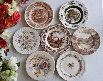 Brown White DINNER PLATES - Vintage Transferware - Mismatched China - Floral Scenic Patterns - Country Kitchen Wall Decor - Farmhouse Dining
