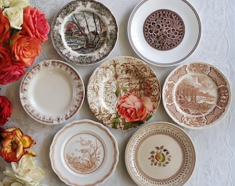 Brown White SALAD PLATES - Size 7" to 8.25" - Multicolor Transferware - Mismatched China - Farmhouse Dining - Country Kitchen - Wall Decor