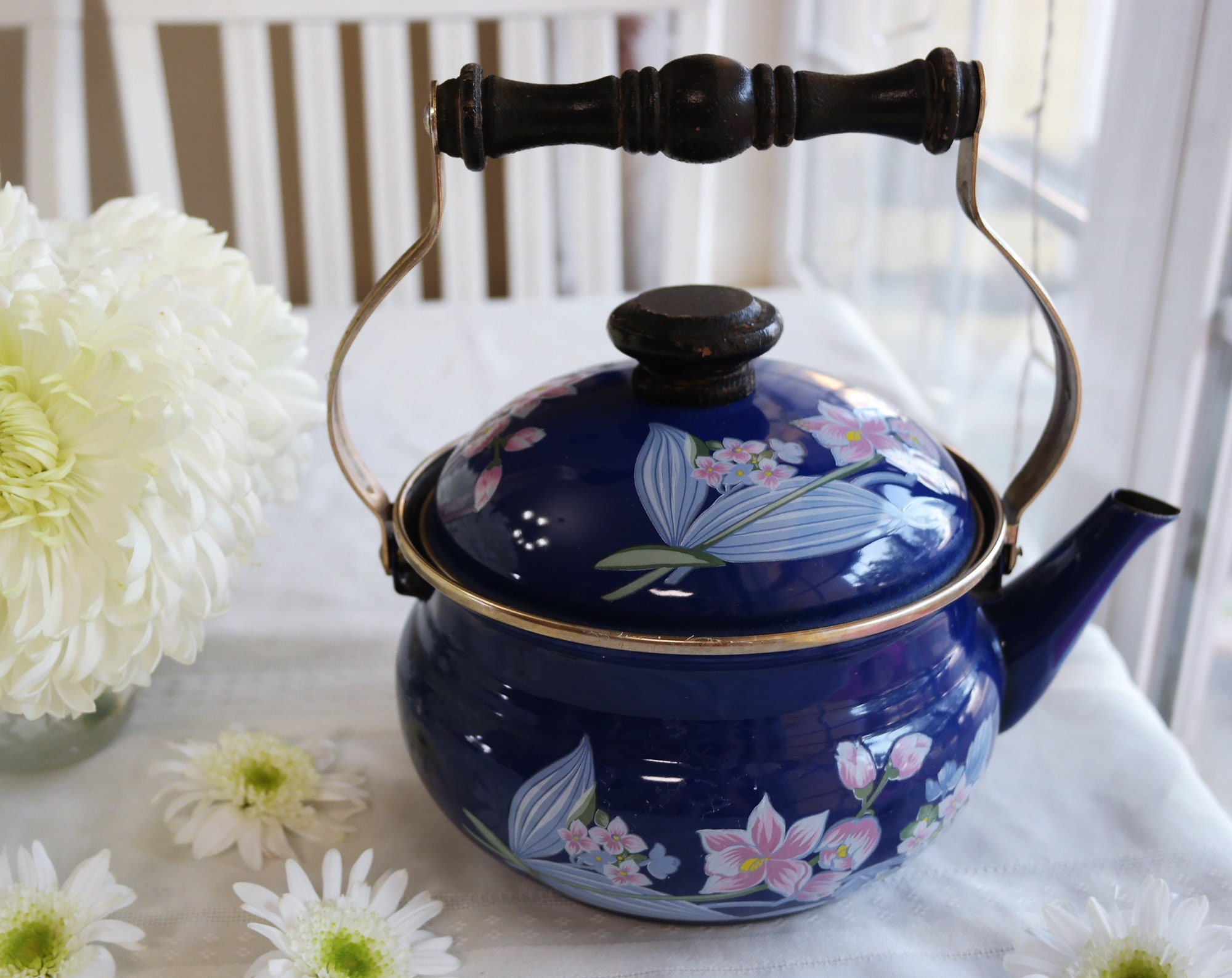 Vintage TEA KETTLE Blue Enamel Pink White Floral Pattern Etsy