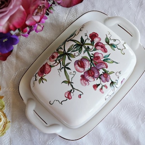 Villeroy & Boch BUTTER DISH - Botanica Collection - Lathyrus Tuberosus - Earthnut Pea Plant - Pink Red Flowers - Circa 1980s - Luxembourg