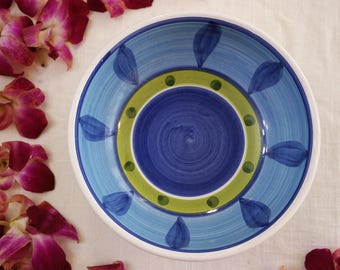 Tazón de cereales Caleca Italia de 17 cm - Luna Azul - Bandas Verdes - Puntos de Hojas - Para Sopa, Arroz, Pasta y Ensalada - Tazón Coupé - Cerámica Italiana Pintada a Mano