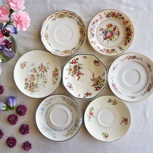 MISMATCHED VINTAGE SAUCERS - English Tea Party - Country Cottage Decor - Mix & Match China - Floral Patterns - Pink Green Gray Yellow Ivory