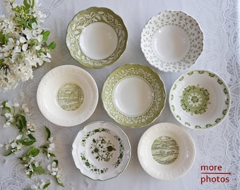 Green White VINTAGE BOWLS - Size 5.75" to 6.5" - Cereal Soup Salad Rice - Farmhouse Breakfast - Country Cottage Kitchen - Priced Per Bowl