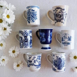 BLUE WHITE MUGS - Size 8 to 12 Fl Oz - Tea Coffee Breakfast Cups - Scenic Floral Mix - Farmhouse Dining - Country Kitchen - Priced Per Mug!