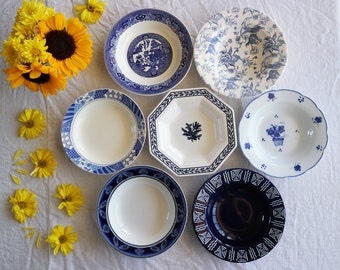 Blue White SOUP BOWLS - Size 7.75" to 8.5" - Farmhouse Country Cottage - Wall Decor - Salad Pasta Bowls - Mismatched China - Priced Per Bowl
