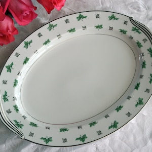 Noritake OVAL SERVING PLATTER 16.5&quot; - Shelley Pattern 5308 - Green Gray Silver Maple Leaves - Platinum Trim - Made in Japan - Circa 1952-54