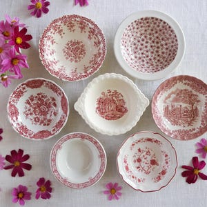Pink Red White VINTAGE BOWLS - Size 5.5&quot; to 7.25&quot; - Cereal Soup Berry Salad Rice - Farmhouse Breakfast - Country Cottage - Priced Per Bowl!