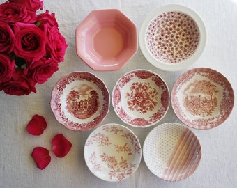Pink Red White VINTAGE BOWLS - Size 6&quot; to 7&quot; - Cereal Soup Salad Rice Bowl - Mismatched Transferware - Country Cottage Mix - Priced Per Bowl