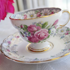 Rosina Bone China CUP & SAUCER - Roses Daisies - Floral Pattern - Vintage Teacup Set - English Cottage Tea Party - Pink White Gold - England