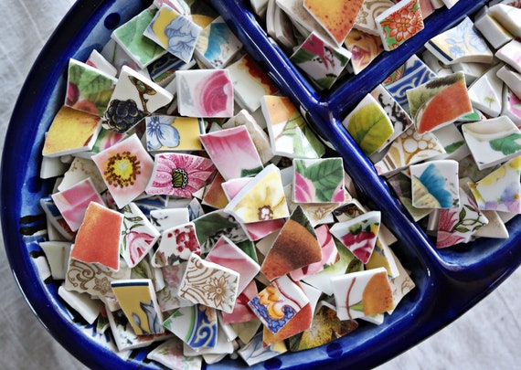 Potpourri Mix MOSAIC TILES - 100 Pieces - Size 1/4" to 1/2" - Small Tiles - Multicolor Rainbow Colors - Floral Geometric Mix - Broken China