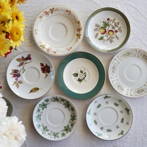Green White SAUCERS - Mismatched China - English Tea Party - Country Cottage Decor - Berries Flowers - Botanical Prints - Priced Per Saucer!