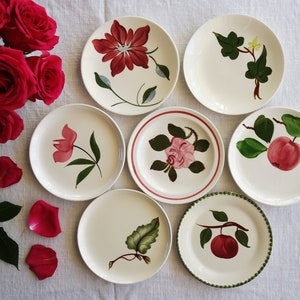 Red Green BREAD & BUTTER PLATES - Size 6&quot; to 6.25&quot; - Vintage Pottery - Hand Painted Pattern - Apple Leaf Rose - Blue Ridge Southern Pottery