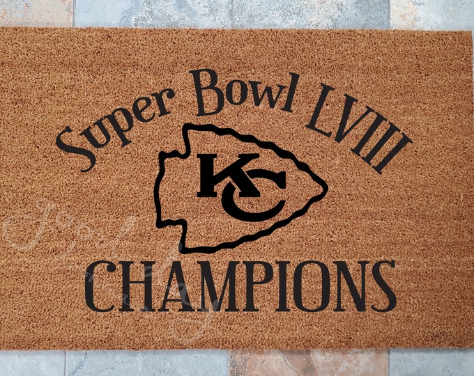 Super Bowl LVIII Champs Doormats / KC Chiefs Doormat / Welcome Mat / Sports Fan / NFL Gift Ideas / Gifts for Him / Gifts for Boyfriend