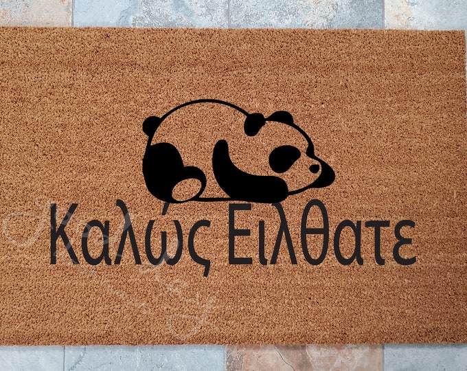 Welcome in Greek Doormat with Panda / Language Doormat / Front Door Greeting / Welcome Mat / Custom Doormats / Personalized Welcome Mat