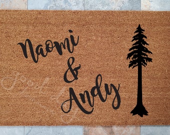 Naomi and Andy with Redwood Tree Doormat made Custom just for you